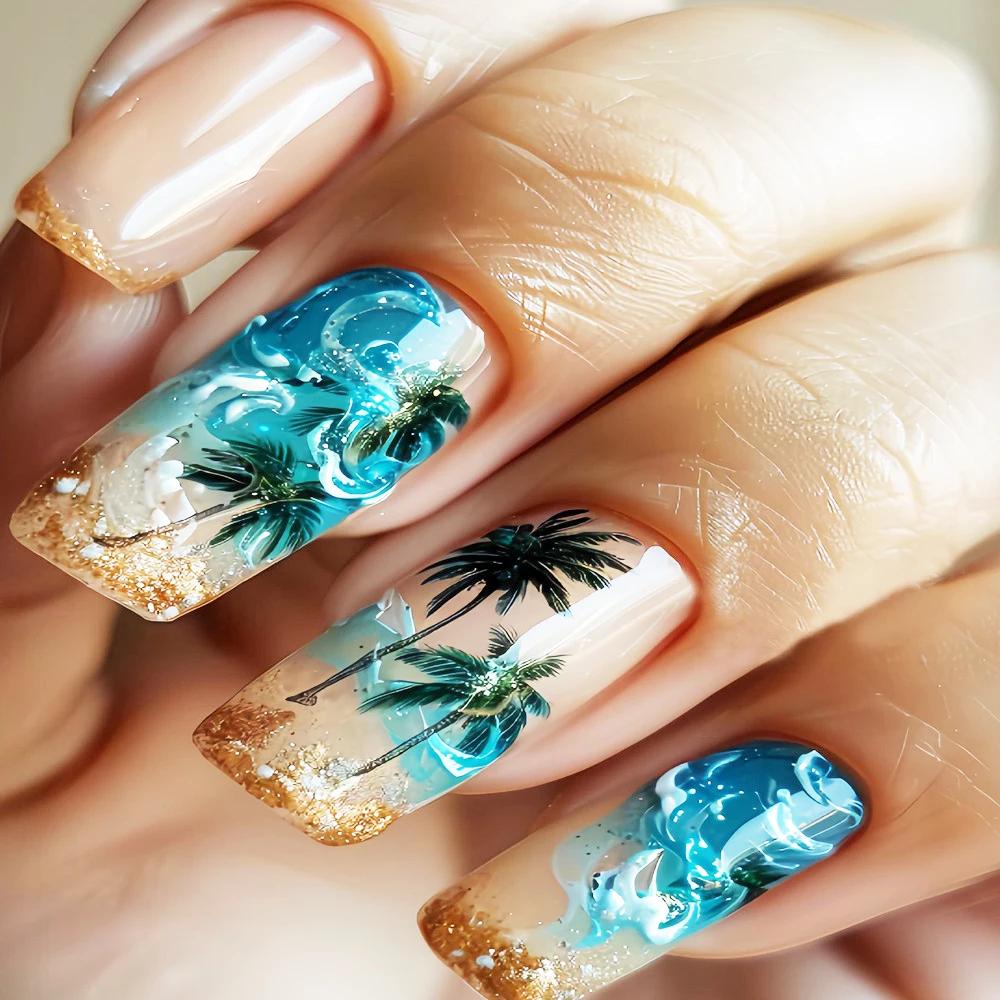 24 pièces/seste faux ongles courts moyens pour femmes filles fleurs colorées plage de champignons po
