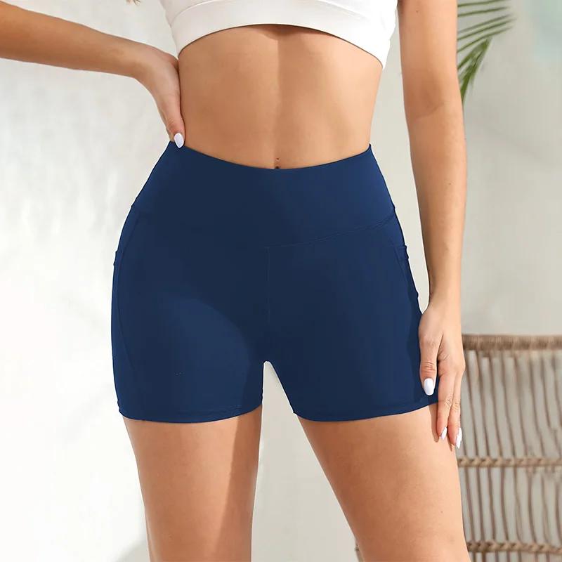 Short de yoga femme spandex taille haute avec poches pour entraînement confortable