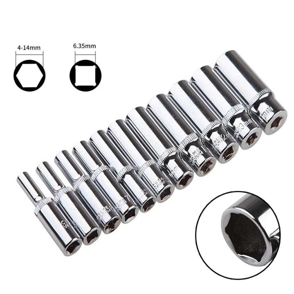 Adaptateur de douille profonde de 4 à 14mm, clé à douille hexagonale de 1/4 pouces, outil à cliquet,