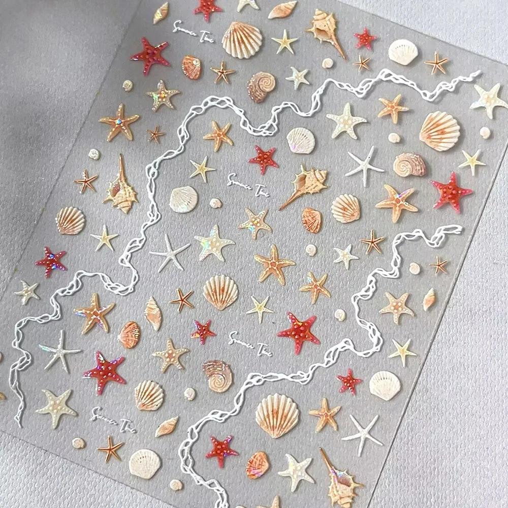 Autocollants pour ongles thème mer d'été, coquilles brillantes, étoile de mer, sirène, conque, plage
