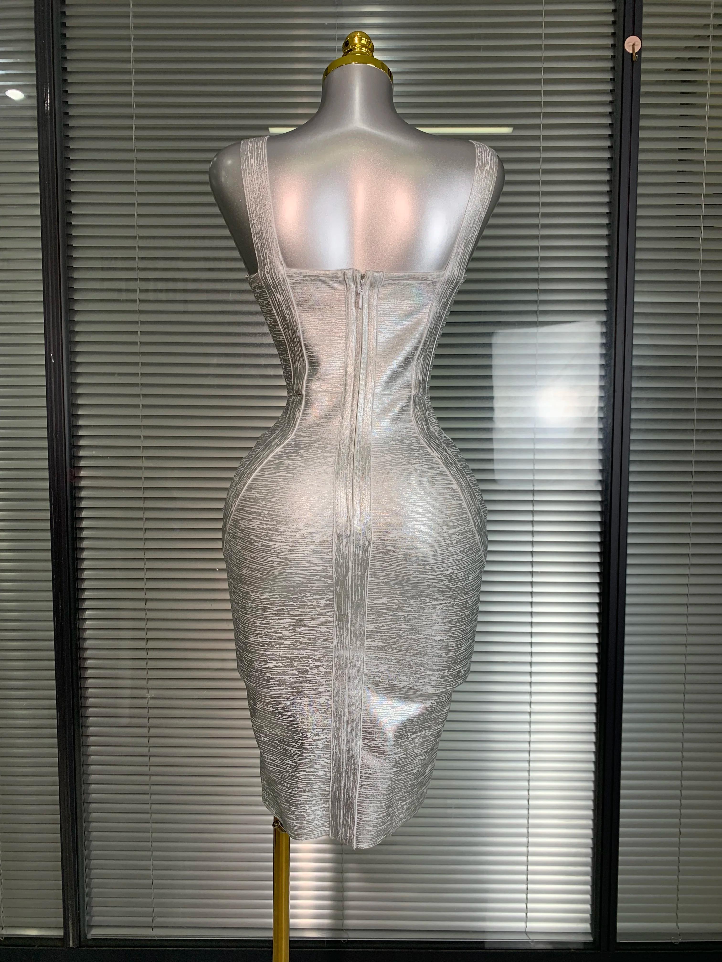 Robe à bandes moulante pour femmes, flambant neuf, Sexy, bronzante, argent, célébrité, mode, rue, ro