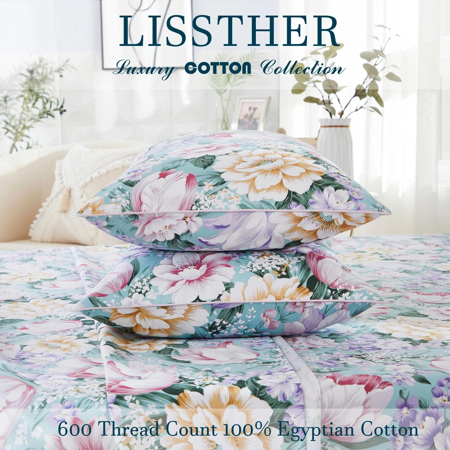 Ensemble de housse de couette 100% coton égyptien 600TC, 3 pièces, motif Floral de jardin rose paste