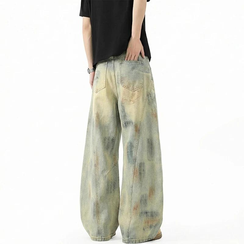 Jean vintage pour homme, délavé, effet vieilli, broderie script, coupe oversize, jambe large, style