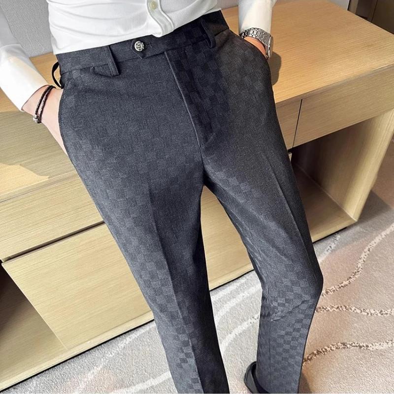 Automne hiver coréen Plaid pantalons décontractés hommes coupe ajustée robe d'affaires costume panta
