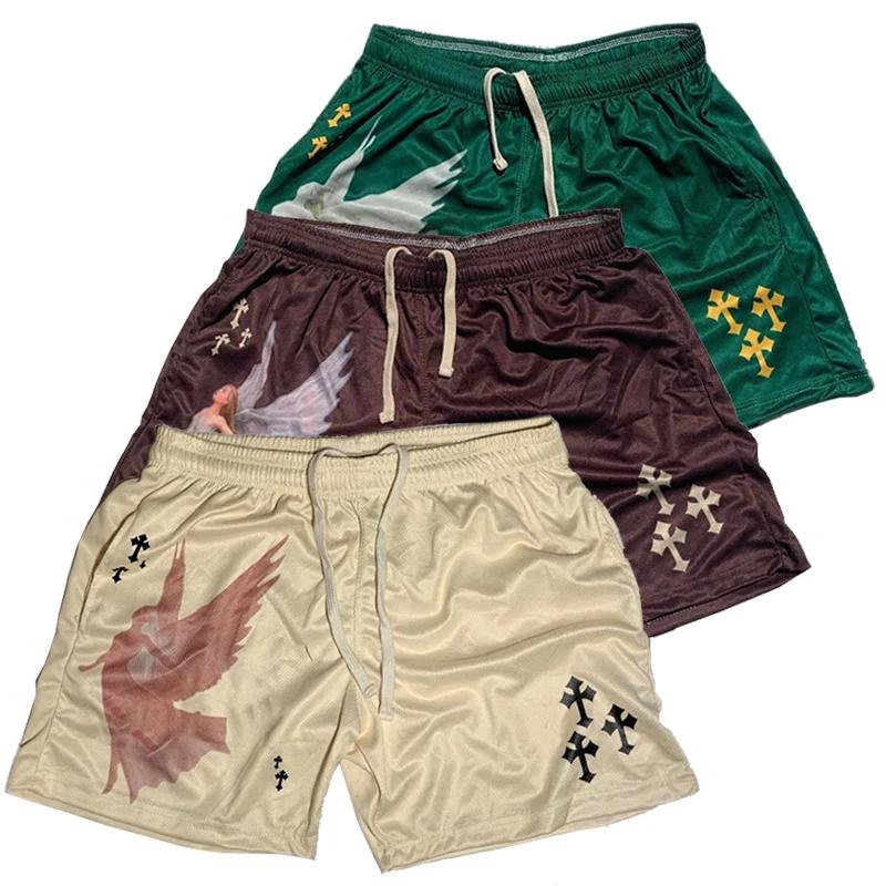 Y2K – short de sport imprimé croix d'ange chrétien pour hommes, survêtement actif avec poches, entra