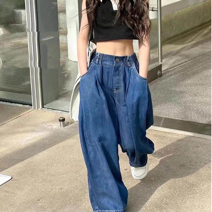 UNITIM Pantalon en jean pour filles, en coton, coupe droite, taille élastique, 2-14 ans, pantalon à