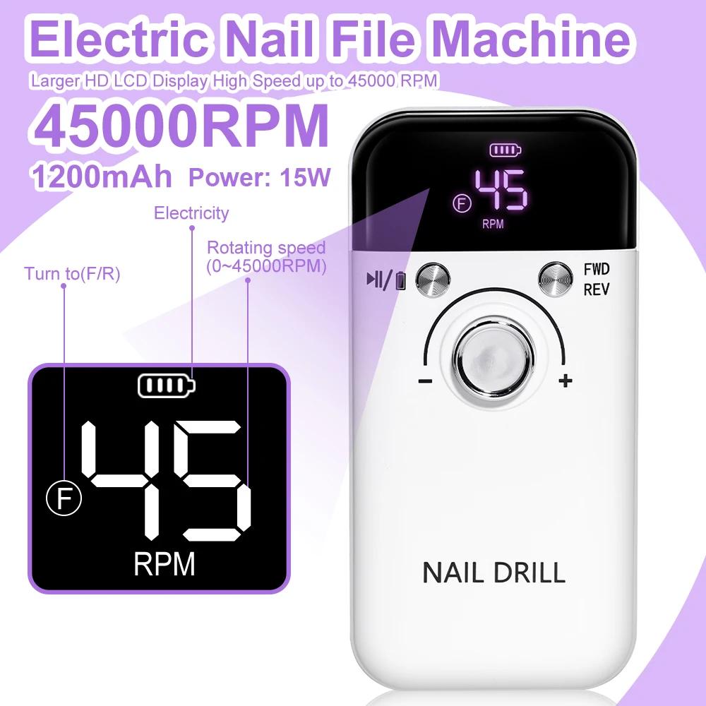 Perceuse à ongles 45000 tr/min, lime électrique Rechargeable pour enlever et polir le Gel acrylique,
