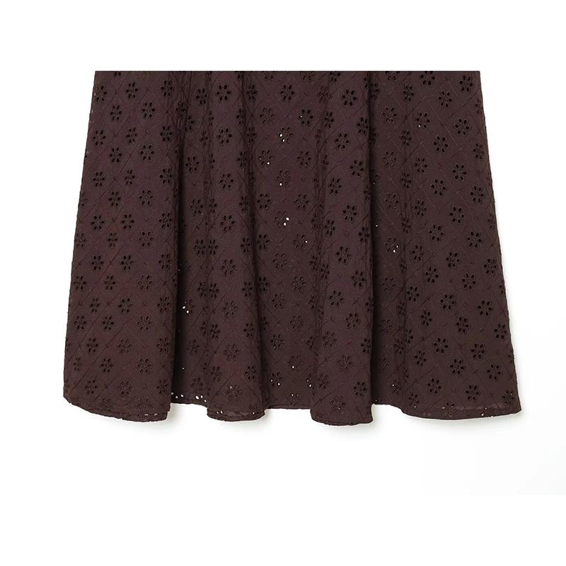 YENKYE Nouvelle jupe midi marron brodée ajourée pour femme 2026, décontractée, taille haute, coupe t