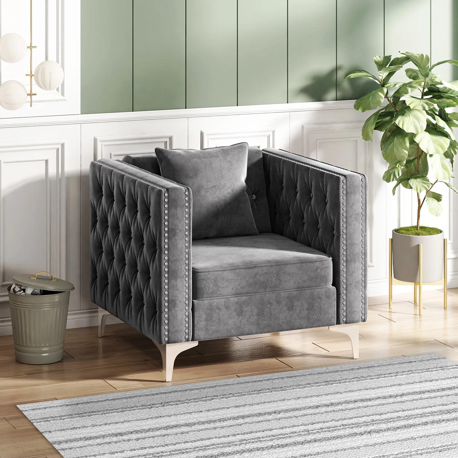 HORGgland O-Fauteuil en velours moderne, chaise d'appoint boutonnée avec coussin de jet et coussin e