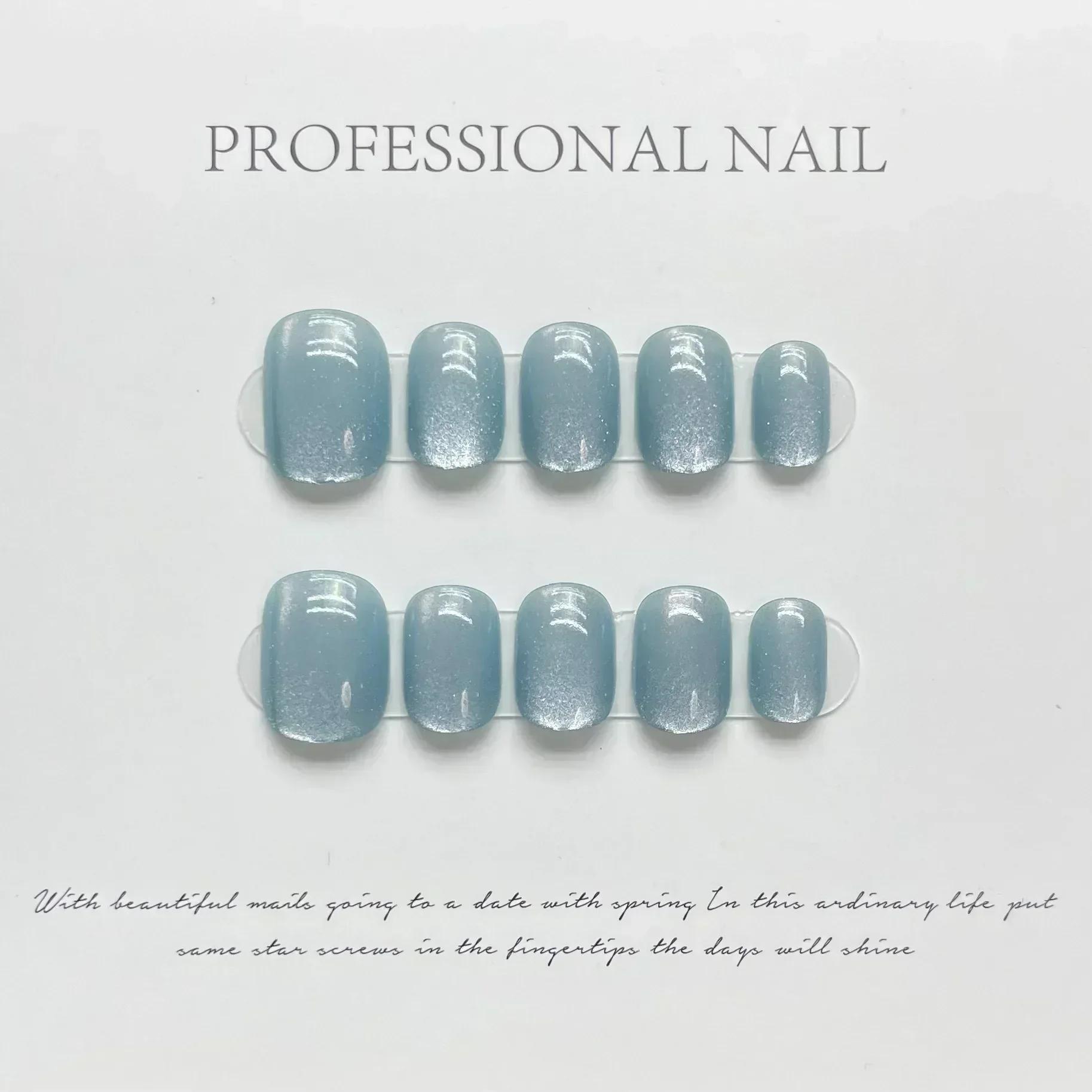10 pièces ballerine courte presse à la main sur les ongles bleu oeil de chat faux ongles portable on