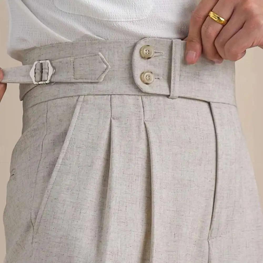 Naples-Pantalon Double en Lin Imbibé pour Homme, Taille Haute, Respirant, Jambe Droite, Bureau, FjMe