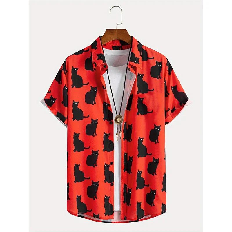 Été mignon chat imprimé chemise hommes décontracté à manches courtes hawaïen décontracté bouton reve