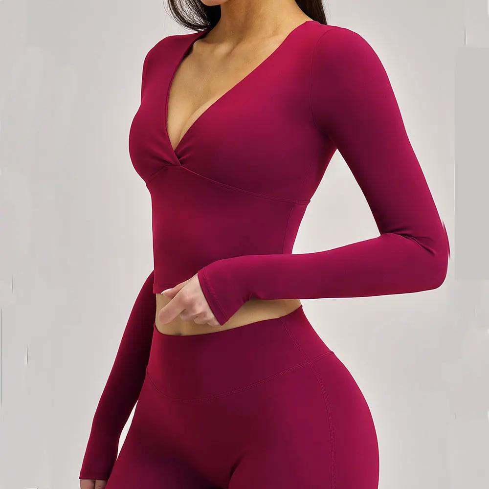 T-shirts de yoga pour femmes, coupe ajustée, manches longues, vêtements de sport, de fitness, de cou