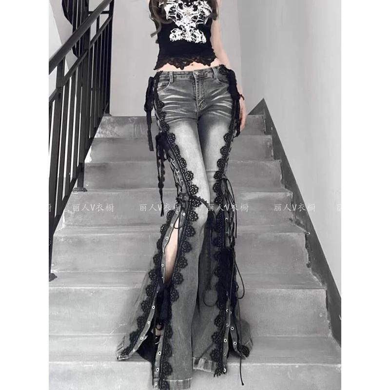 YIBASHU femmes Dark Academia Goblin Core Harajuku Y2K taille basse dentelle jean Abi Denim Flare pan