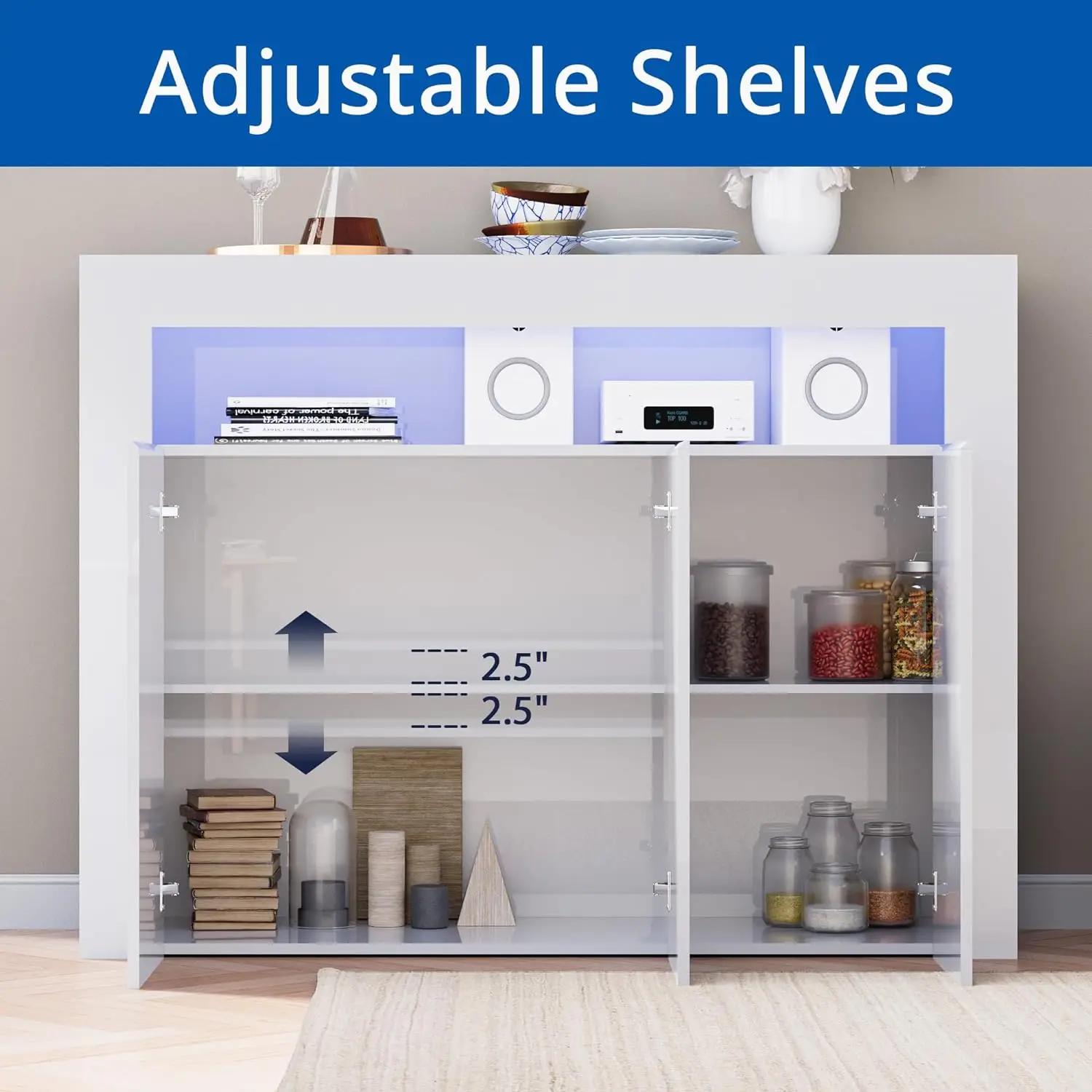Armoire de rangement moderne blanche avec lumières LED, buffet à haute brillance, étagère réglable,
