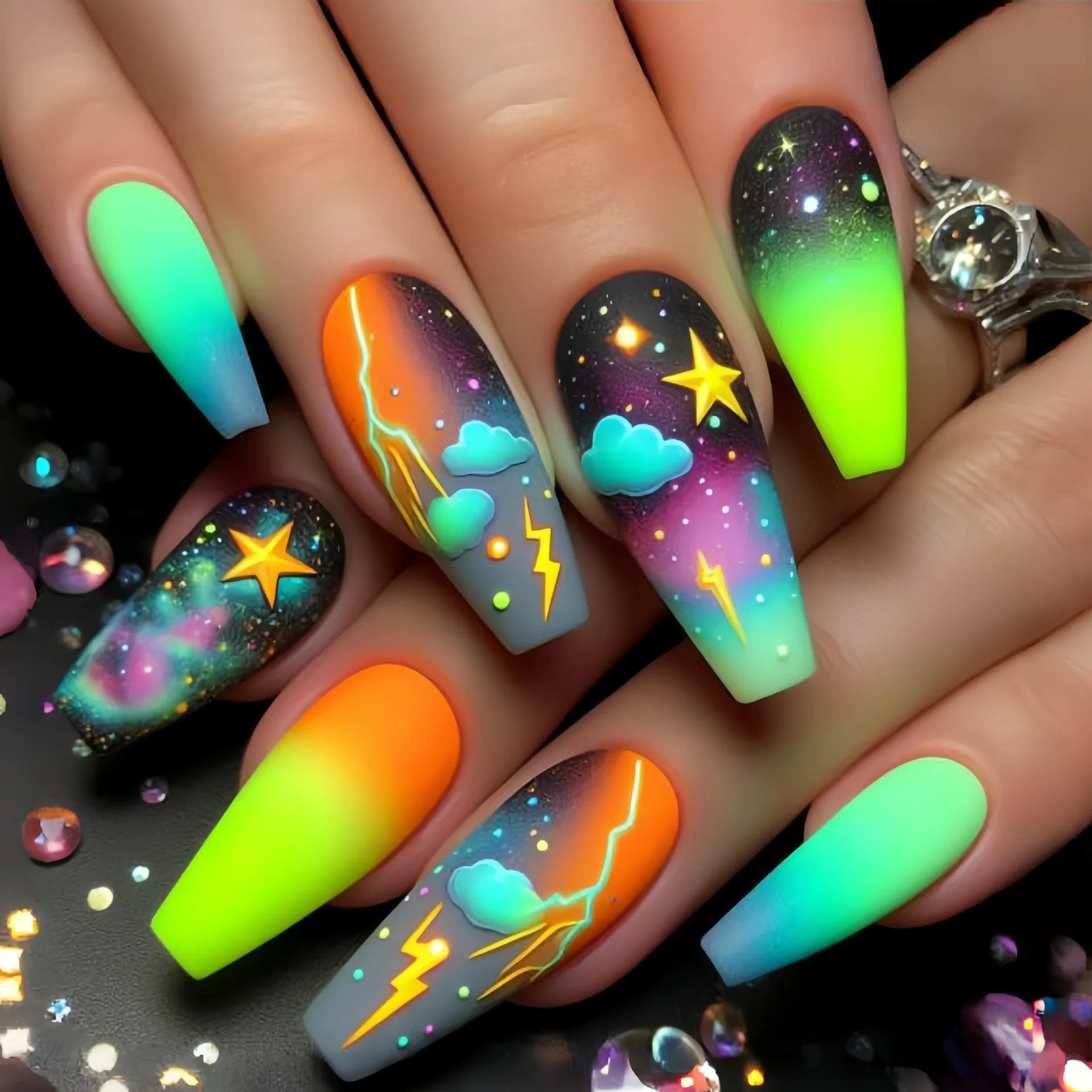Faux ongles carrés longs moyens pour femmes, 24 pièces/ensemble, nickel é ciel étoilé, noir, bleu, v