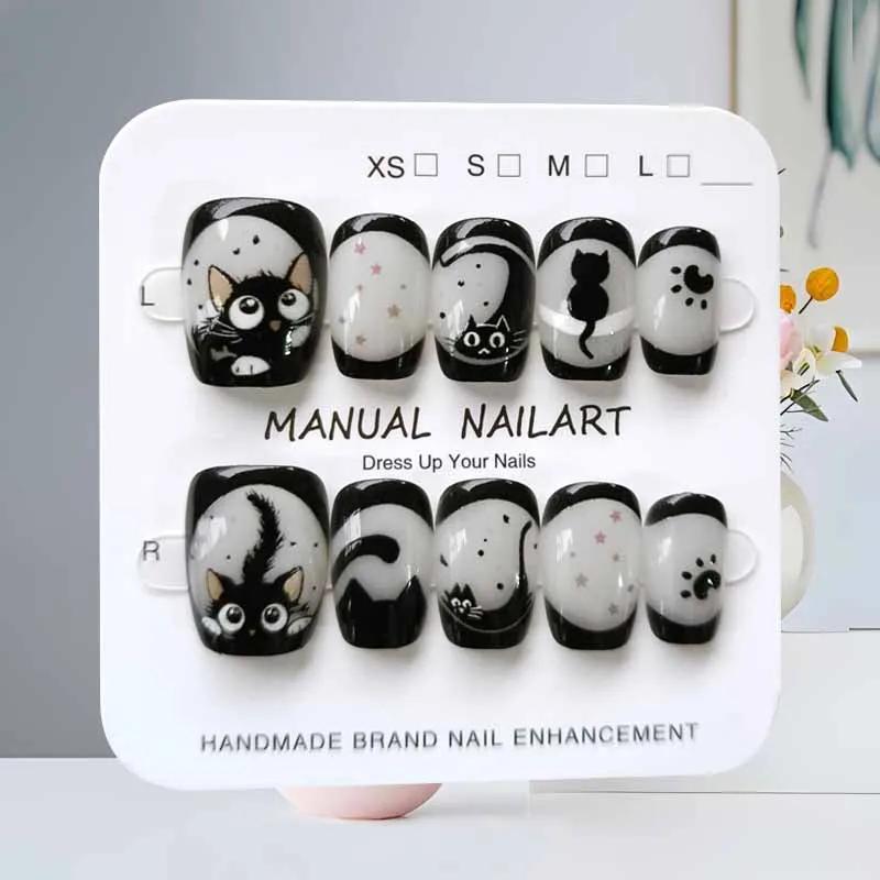 10 pièces dessin animé mignon chat noir bleu gris géométrie à la main presse sur les ongles tête car