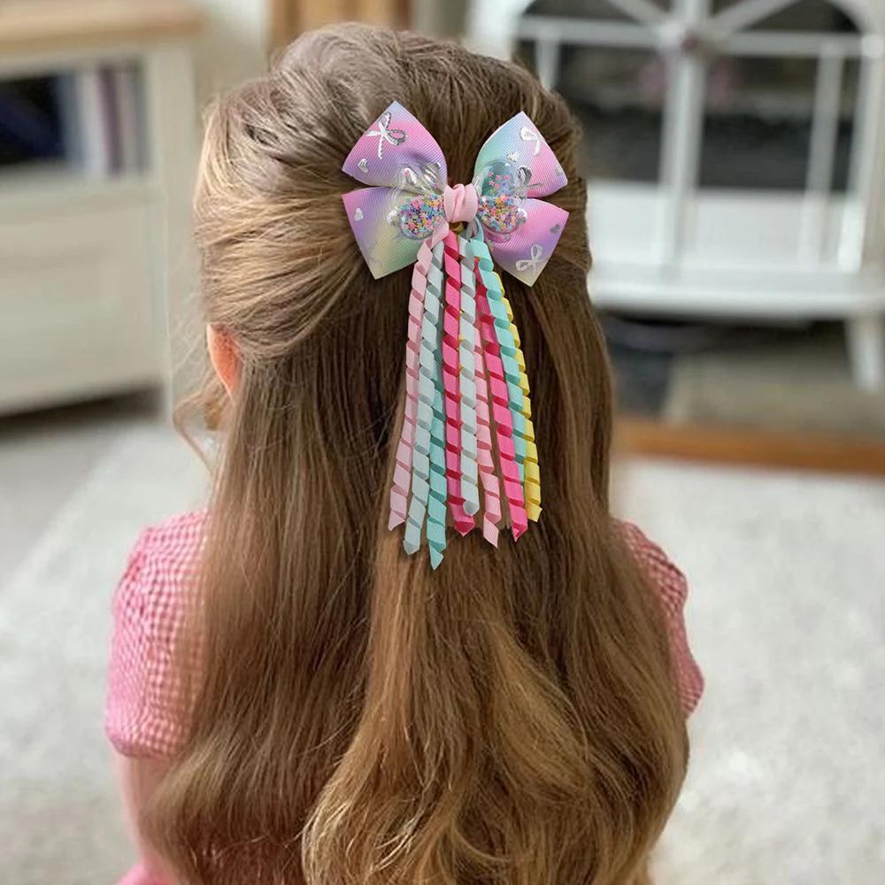 Pinces à cheveux licorne douces pour filles, Barrette à nœud, ruban à pampilles mignon, épingles à c