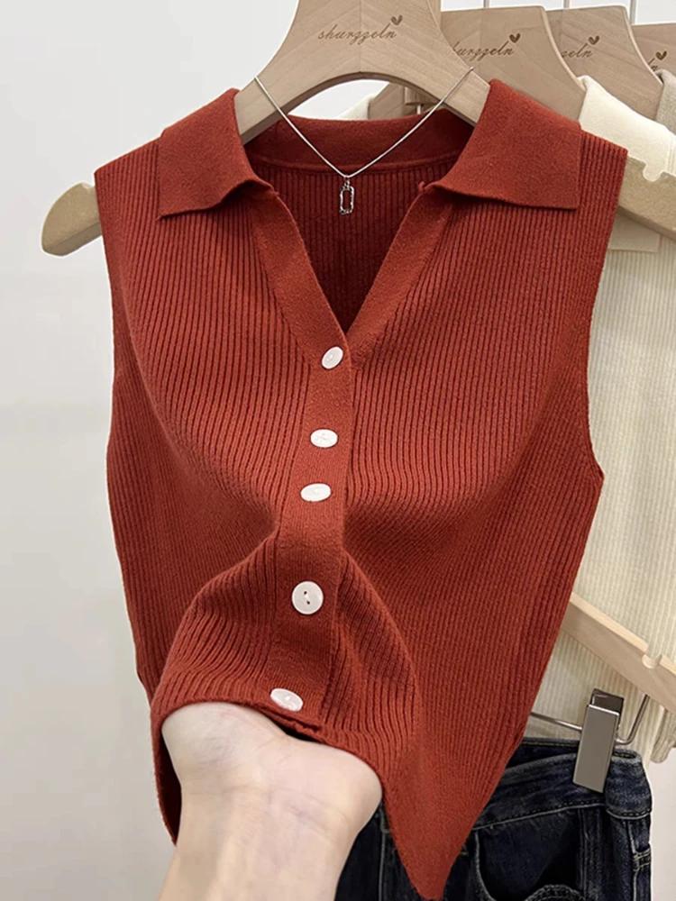 Cardigan tricoté de couleur unie pour femmes, pull coréen sans manches à simple boutonnage, col rond