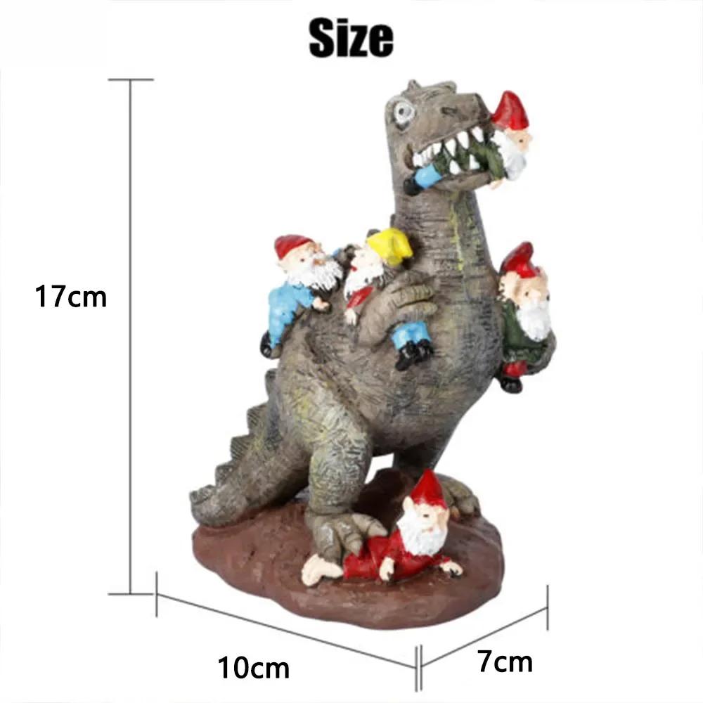 Statue de dinosaure mangeant un gnome drôle, art de la cour, artisanat en résine, décor de jardin à