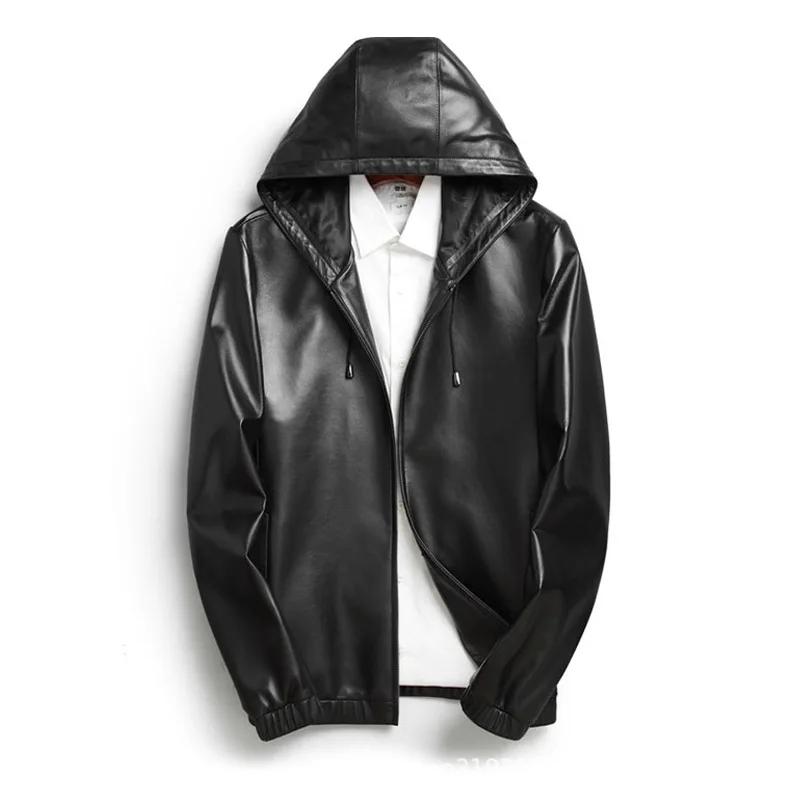 Veste en cuir véritable pour hommes, manteau court en peau de mouton avec capuche, vêtements décontr