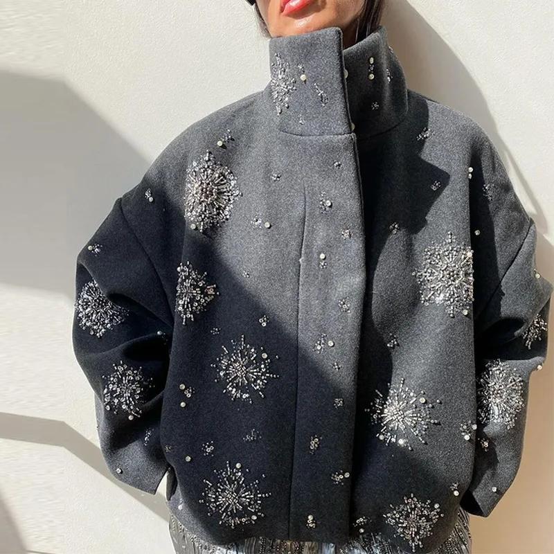 Manteau chic luxueux à perles pour femmes, vêtements d'extérieur en laine, vestes à manches longues,