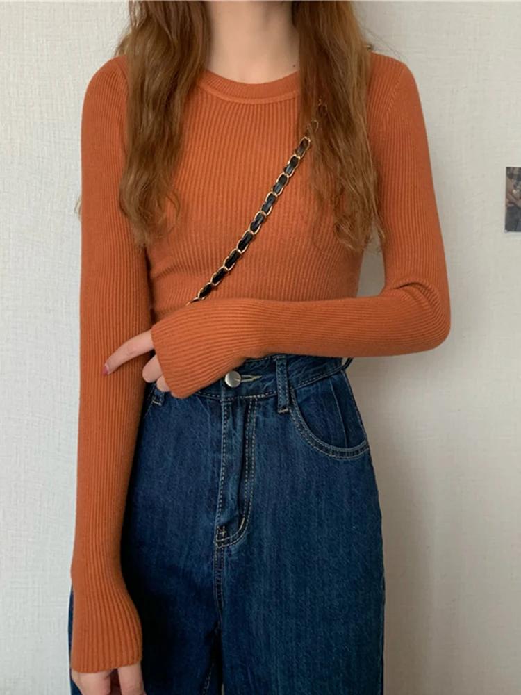 Nouveau Pull Femme 2026 Automne Hiver Manches Longues Col Rond Élastique Tricoté Uni Tendance