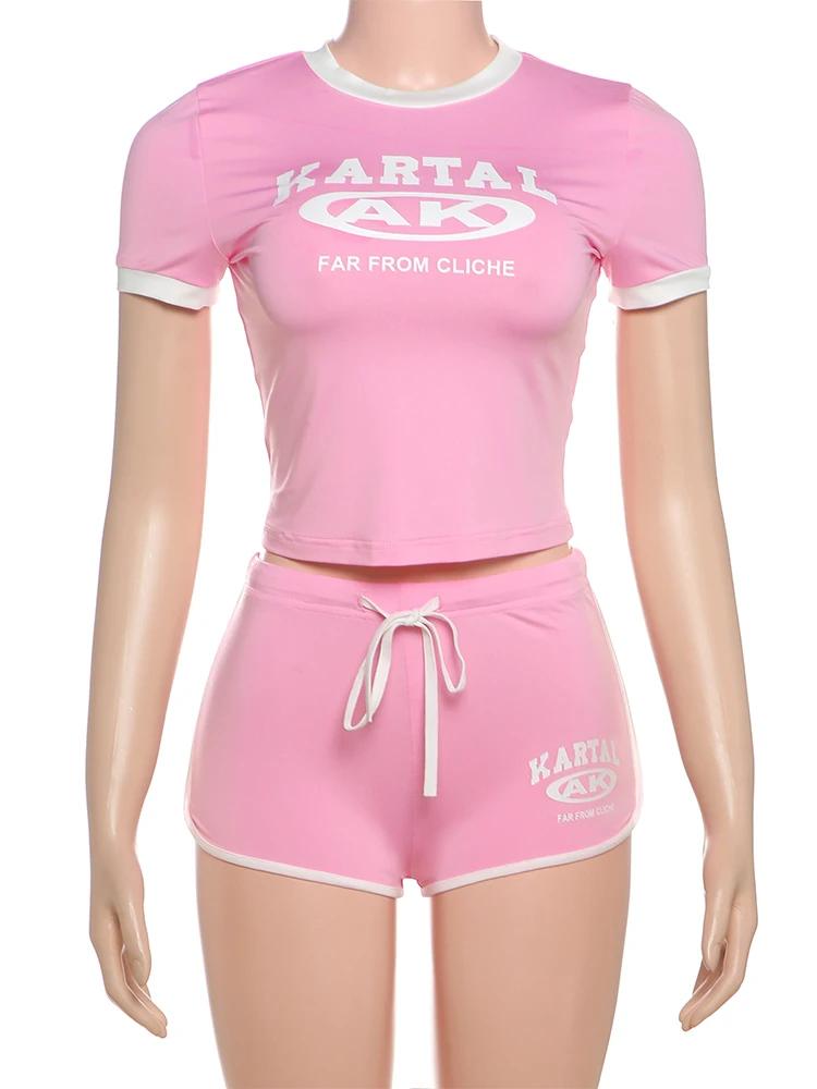 Nibber Survêtement Lettre Imprimer 2 pièce Ensemble Femmes Activité Shorts Manches Crop Tops + Biker