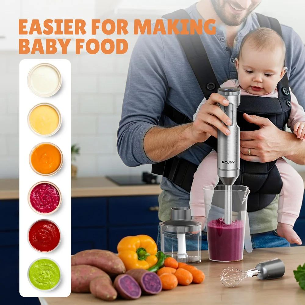 Mélangeur à Immersion puissant, mélangeur d'aliments pour bébés bâton en acier inoxydable 4 en 1, bé