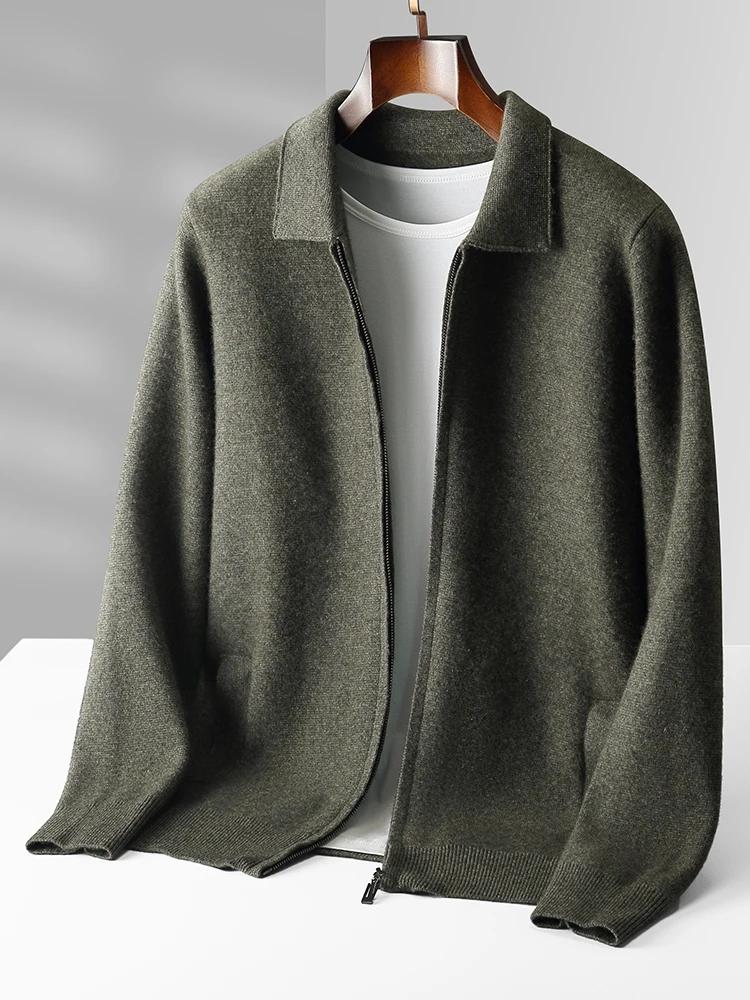 Pull à col rabattu en laine mérinos pour hommes avec fermeture éclair, manteau cardigan, tricots en