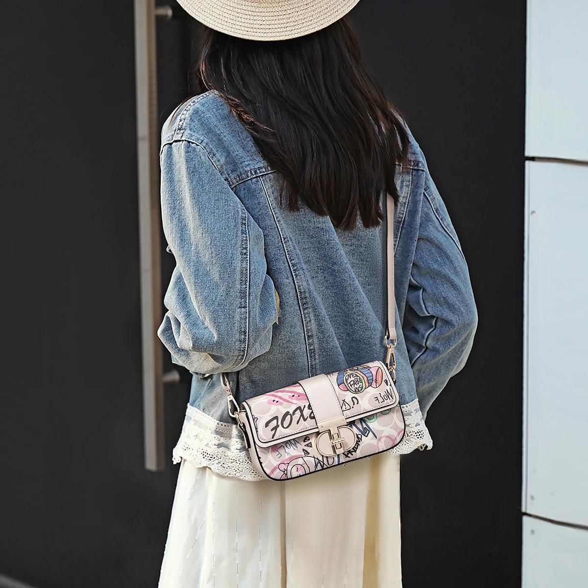 Sac à bandoulière chic en cuir PU FOXER, sac à main graffiti pour femme, sac à bandoulière tendance