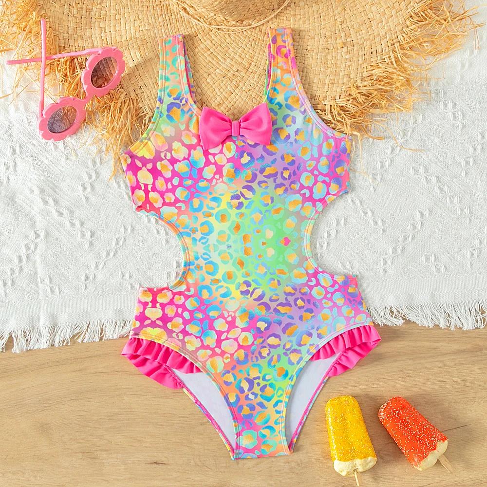 Maillot de bain une pièce pour filles, lumineux et coloré, avec nœud à volants, pour adolescentes, v
