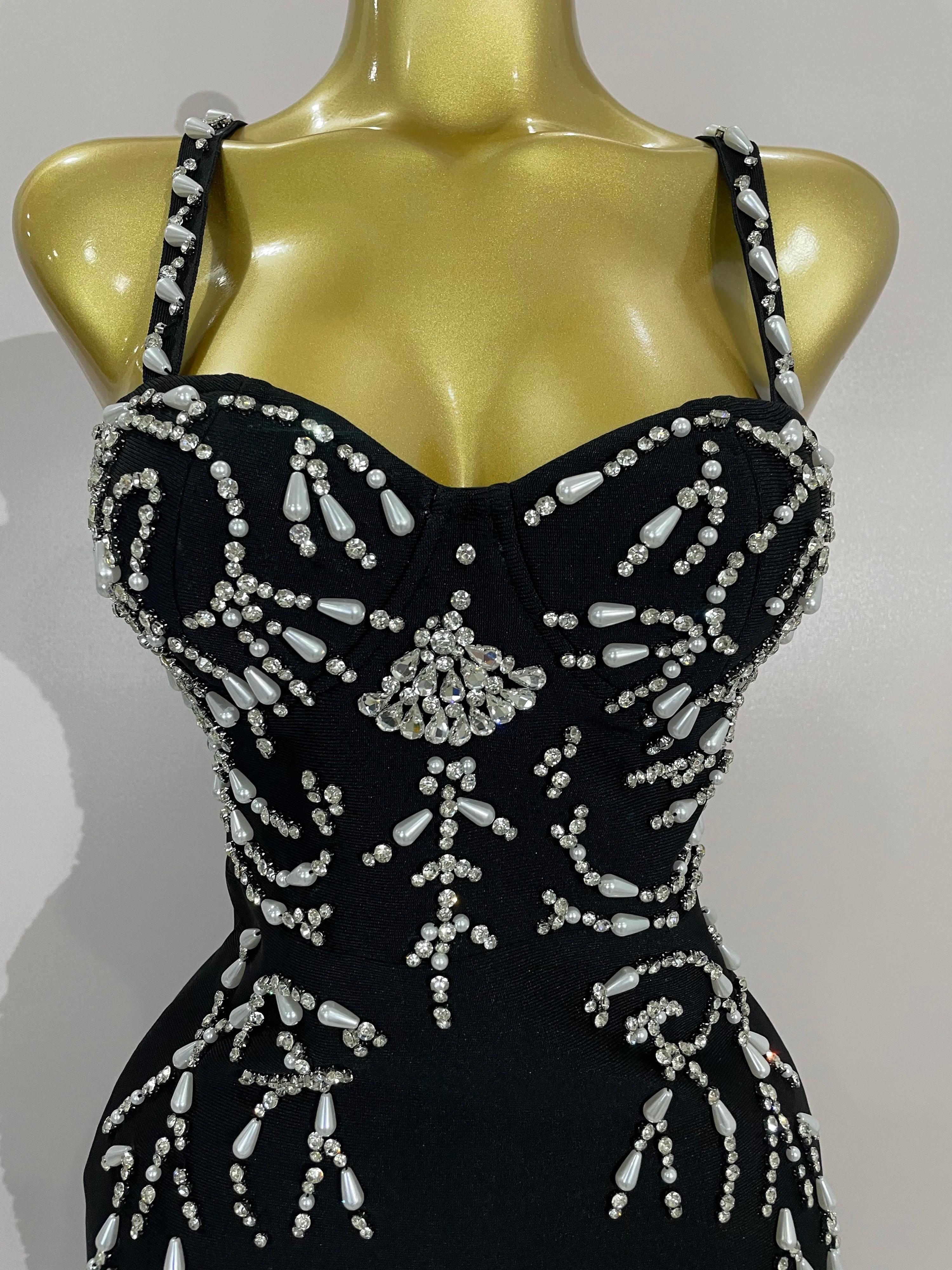 2025 Nouveau Sexy Dos Nu Noir Perles Longue Moulante Bandage Robe Femmes Célébrité Élégant Soirée Cl