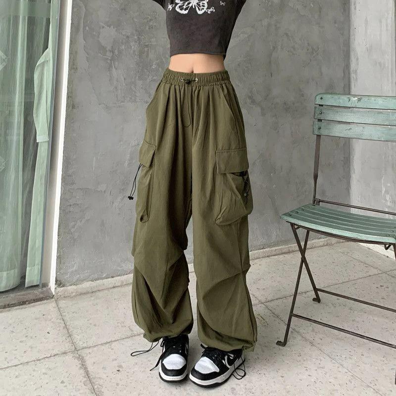 Y2K Parachute noir pantalon femmes Hippie Streetwear poches surdimensionnées Cargo pantalon Harajuku