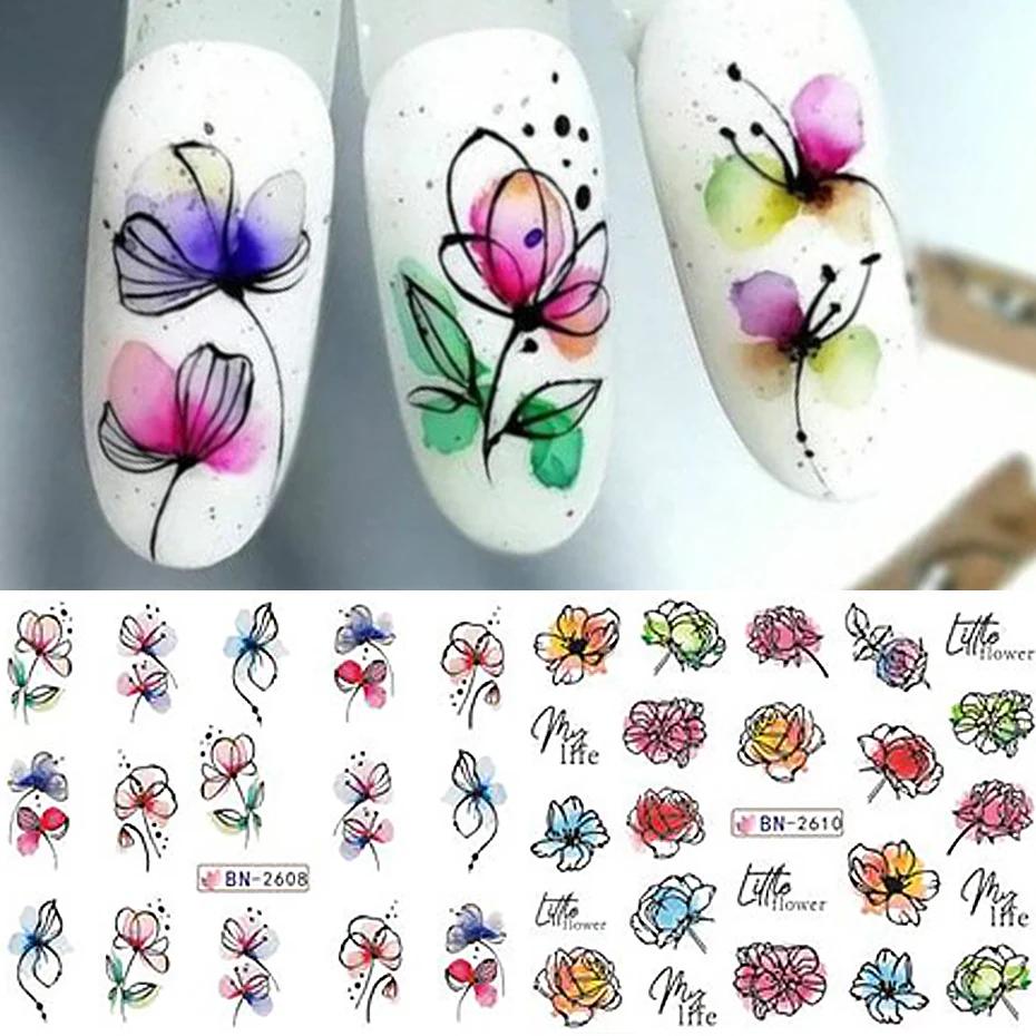 Autocollant de fleurs d'encre pour Nail Art, 12 pièces, décalcomanie d'eau d'été, fleurs en fleurs,