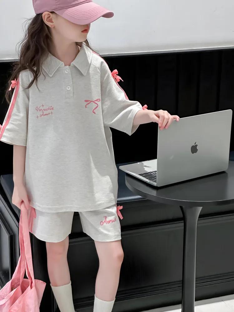 T-Shirt de sport d'été pour filles, costume avec nœud en sangle, pour grands enfants, Version coréen