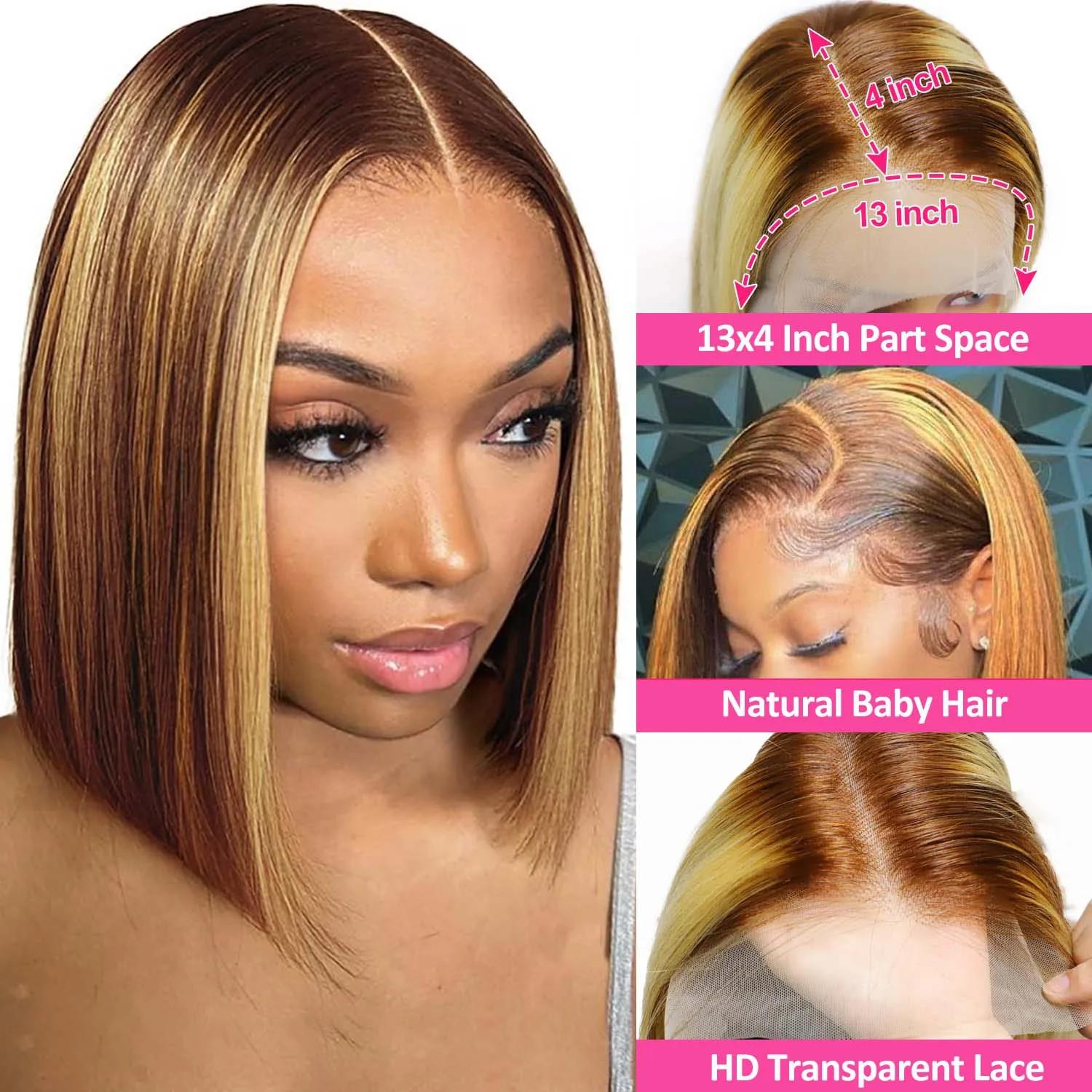13x4 Transparent dentelle avant Bob perruque cheveux humains Ombre miel blond 13x4 perruques 10-16 p
