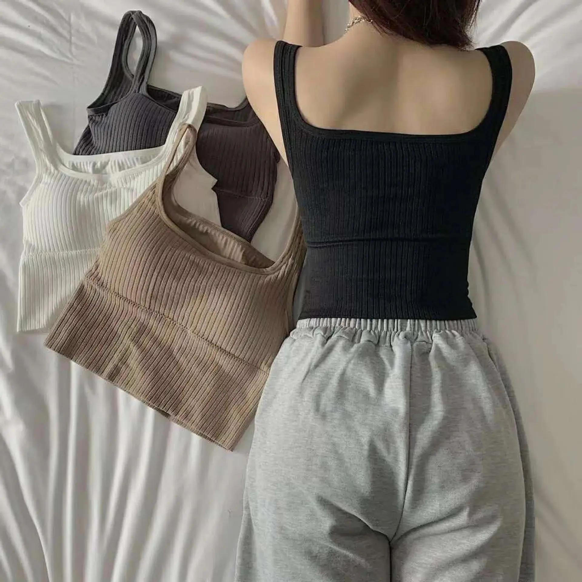 Crop top d'été pour femme, sans couture, col carré, bretelles larges, débardeur tricoté rayé, camiso