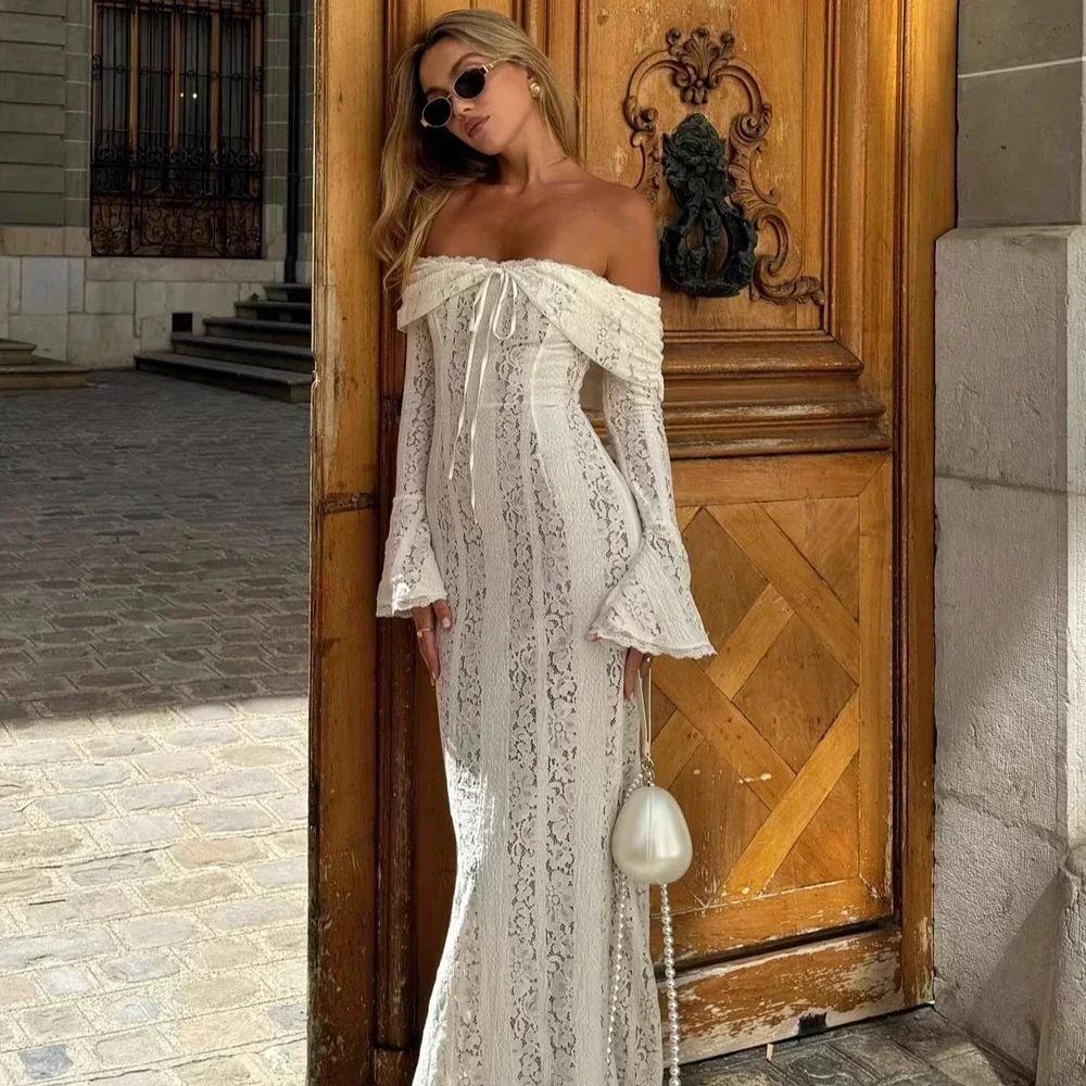 Oligai Robe Longue Dentelle Blanche Femme 2024 - Robe Épaules Dénudées Manches Évasées Bodycon pour