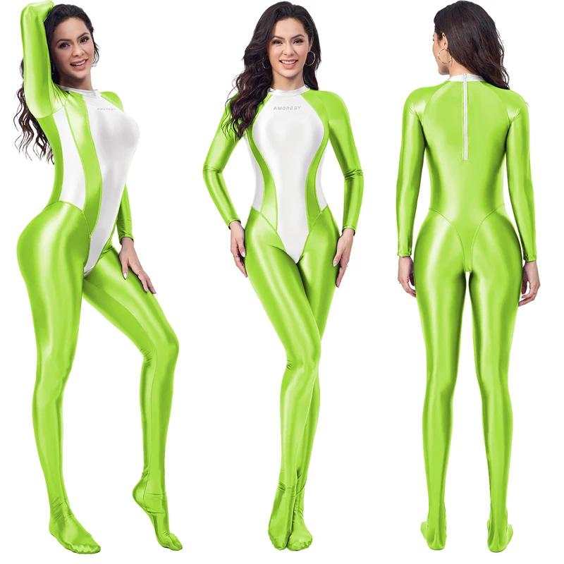 AMORESY brillant femmes corps costumes combinaison serrée huileux lisse brillant sport cyclisme Fitn