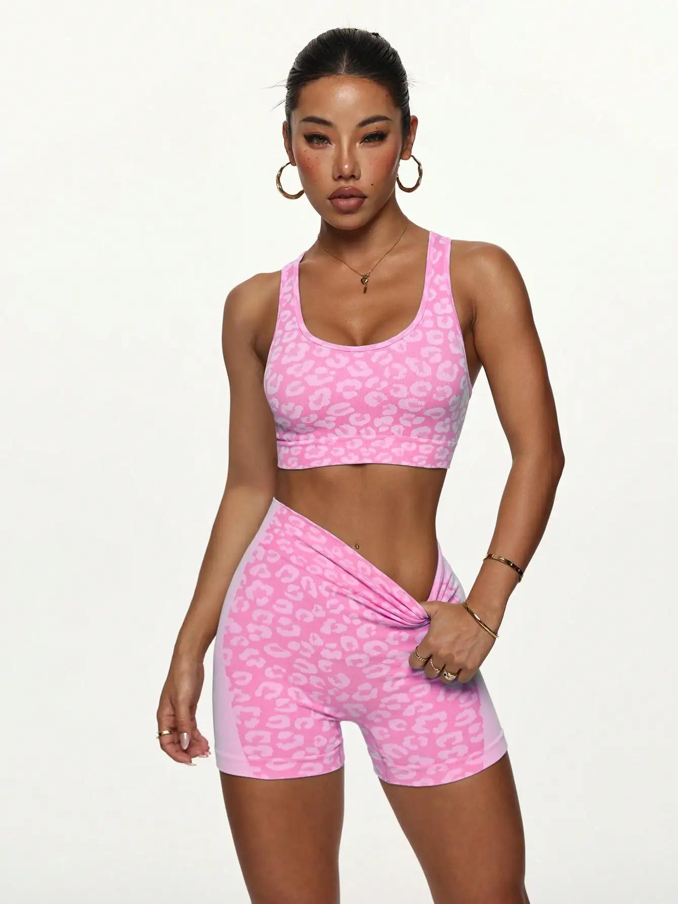 Ensemble de yoga imprimé léopard taille haute et moulant le ventre pour femme, rehausse les hanches