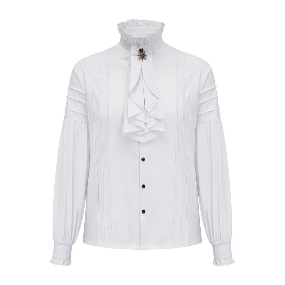Chemise en coton blanc pour homme, col montant à volants, manches longues lanterne, Pirate Cosplay,