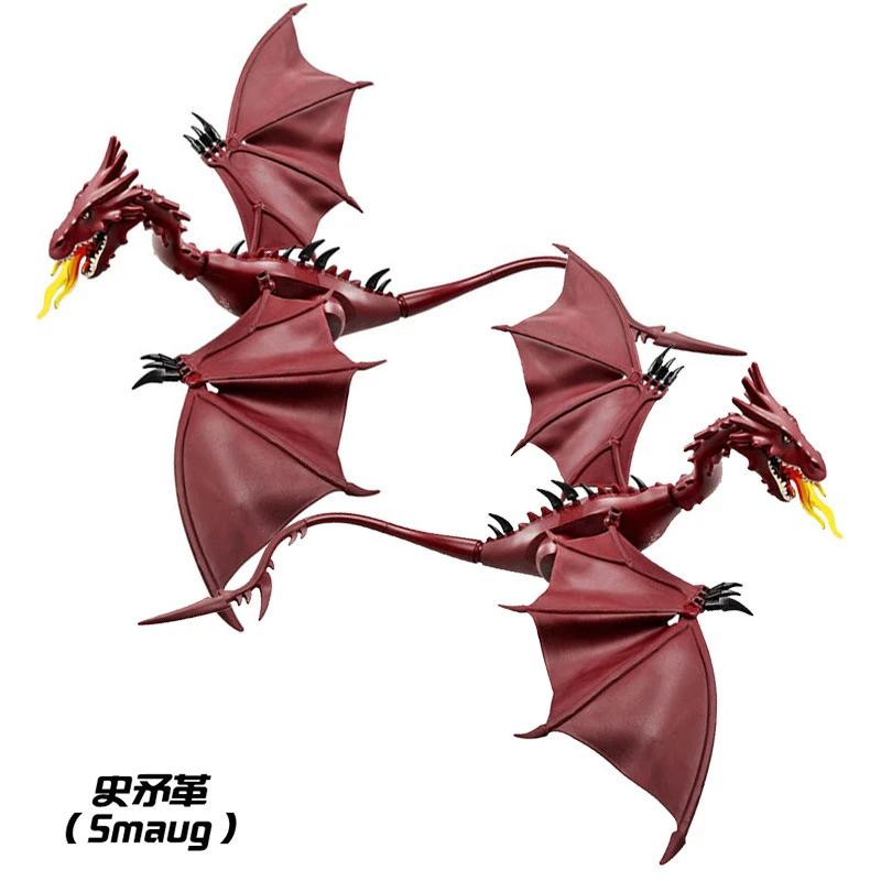 Série médiévale magique Dragon volant rouge Smaug flamme Dragon blocs de construction avec ailes sou