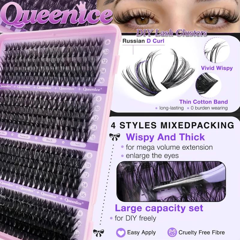 QUEENICE 800 pièces de faux cils en grappe de longueur mixte | Léger, doux, facile à appliquer, De