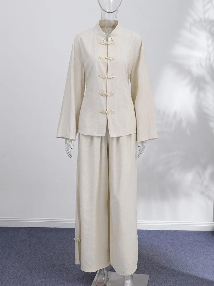 Ensemble 2 pièces mode femme en lin : haut ample à manches longues avec boutons grenouille et lacets