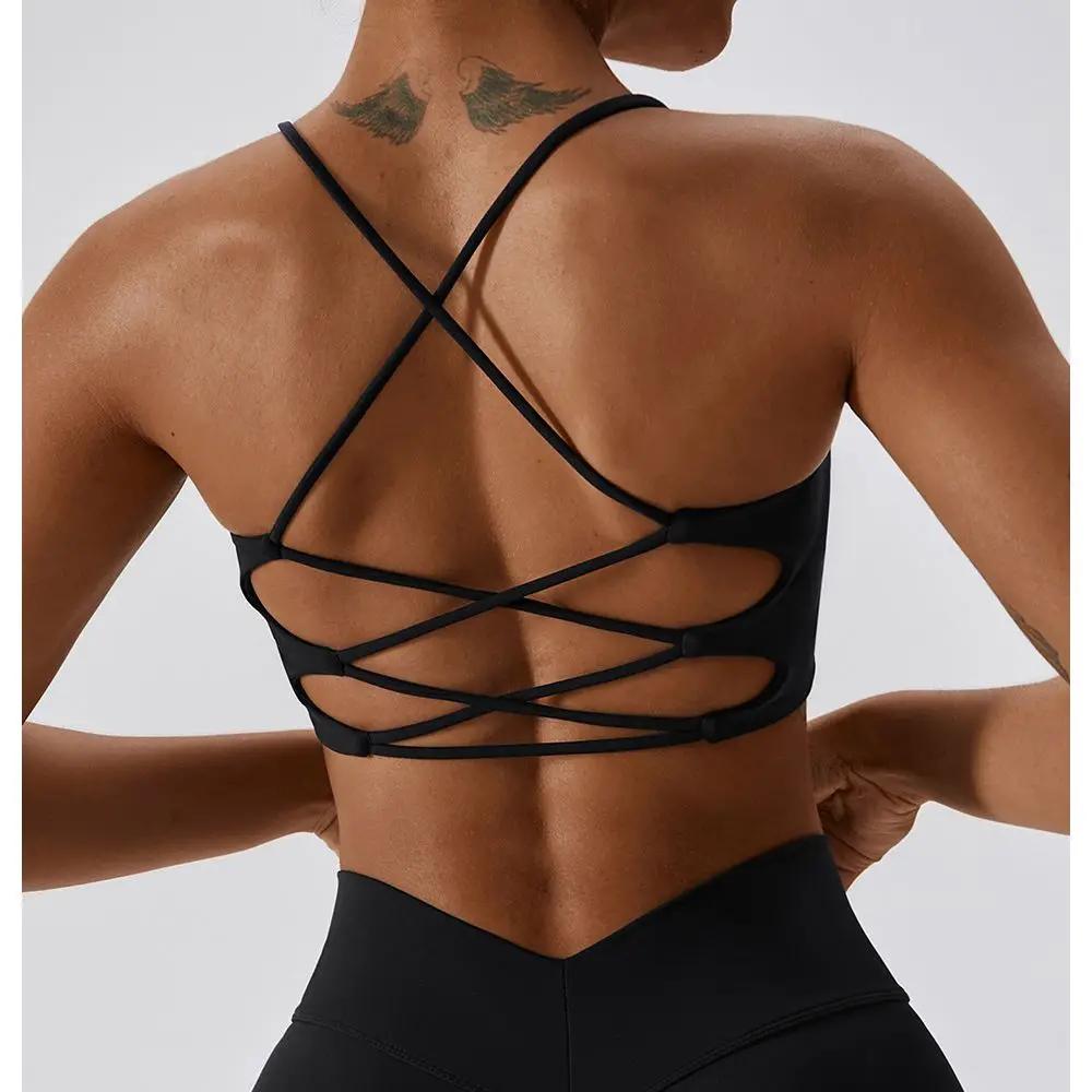 Soutien-gorge de sport en forme de U pour femmes, couleur unie, multi-sangle, dos croisé, Fitness, h