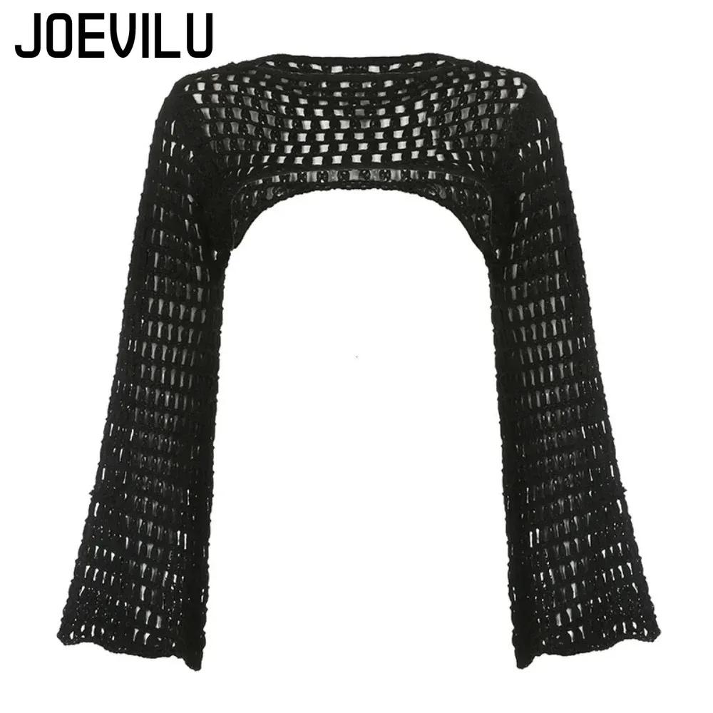 Haut court ajouré en tricot au Crochet pour femmes, chemisier Sexy Y2k, chemises à manches longues é