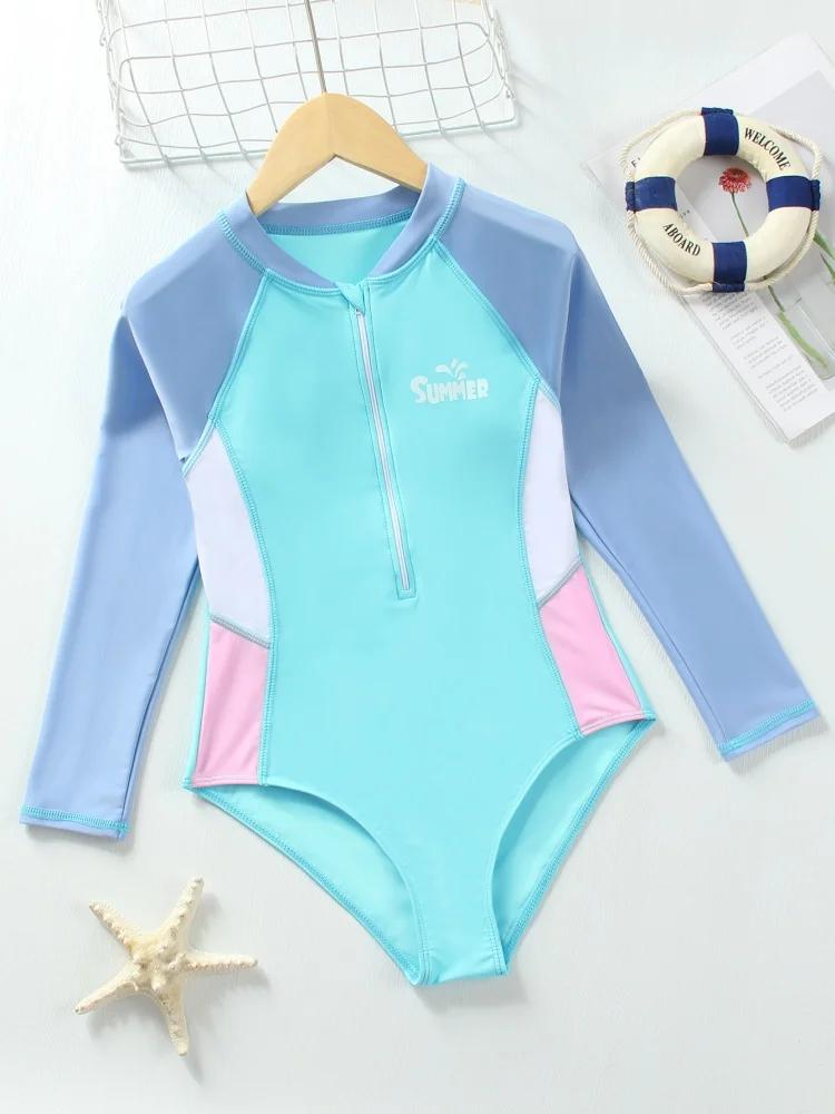 Maillot de bain une pièce pour filles, nouvelle collection 2026, manches longues, couleur unie, comb
