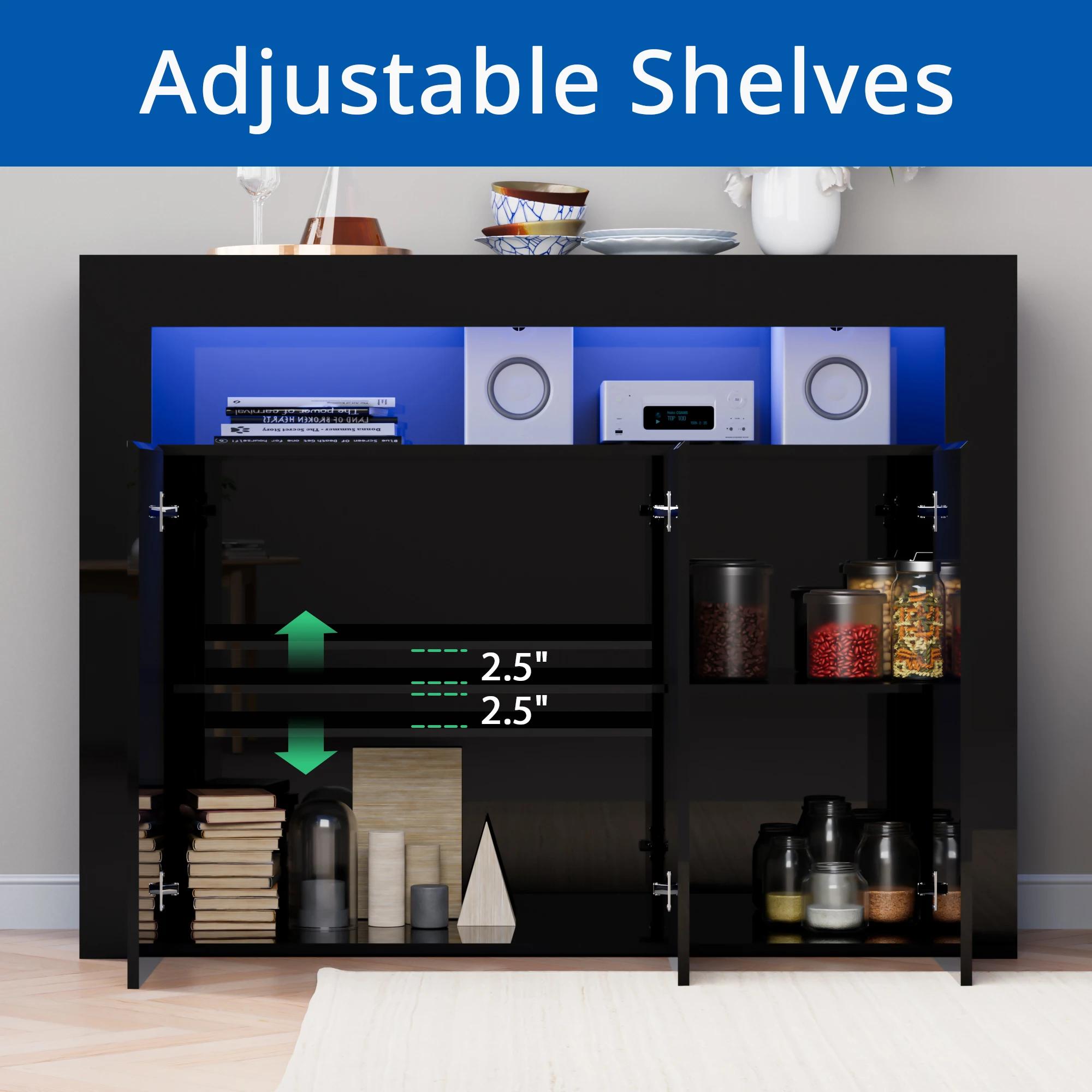 Armoire de rangement moderne avec lumières LED, buffet haute brillance, étagère réglable, 3 portes