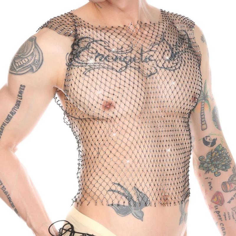 Débardeur fitness homme transparent résille strass sexy haut musculaire sans manches sport